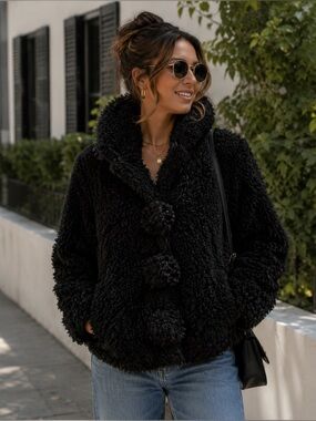 Montanaco Black Shaggy Faux Fur Bomber Jacket / PomPom/Festival/NYE/Club/‎ Chic